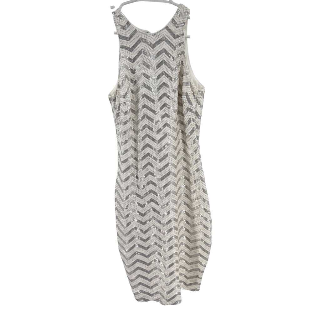 Cache White and Silver Sequin Mini Dress fitted chevron s party event Hoco dance